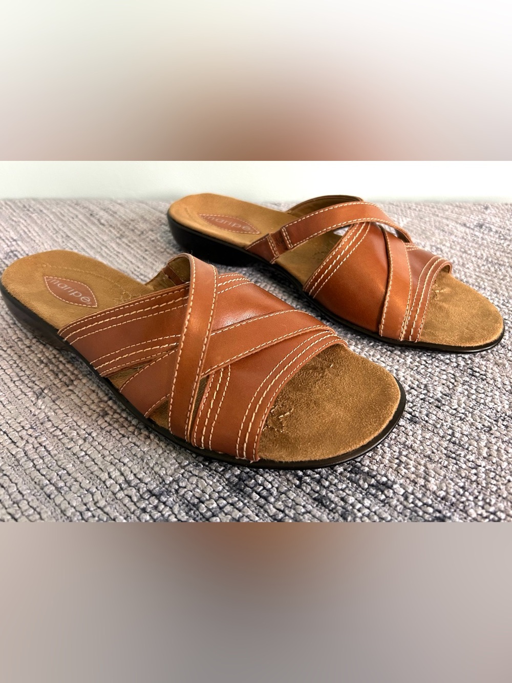 Maripé Women's Tan Leather Comfort Slide Sandals Slip On Flat Stitched US 8 M